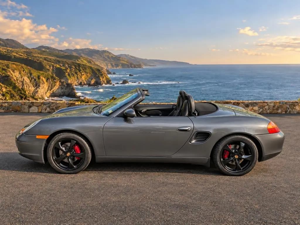 Porsche Boxster side view, after CarShots Coastal Overlook background